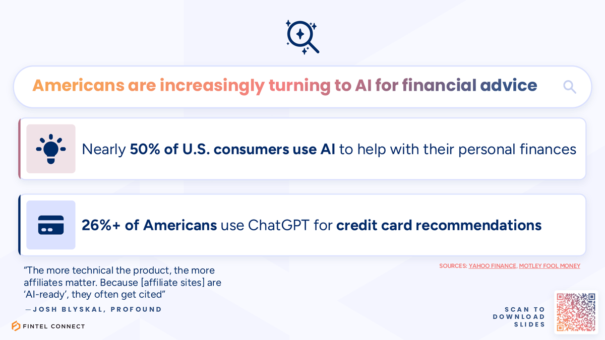 Headline “Americans are increasingly turning to AI for financial advice” followed by statistics including nearly 50% of Americans using AI for personal finance and 26% using ChatGPT for credit card recommendations