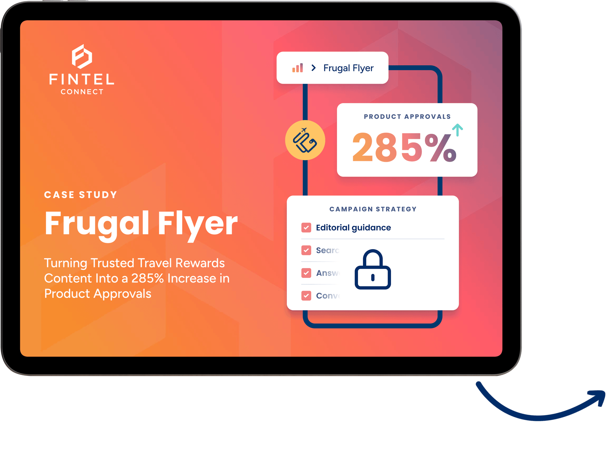 Tablet mockup of the Frugal Flyer affiliate marketing case study by Fintel Connect, showing a 285% increase in product approvals through trusted travel rewards content and publisher campaign strategy