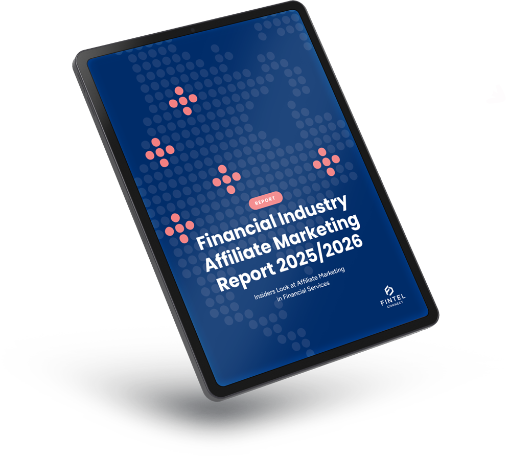 Ipad with the cover of the 2025/2026 Financial Industry Affiliate Marketing Report
